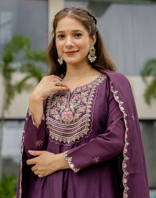 Silk Anarkali Embroidery Round Neck Kurta with Pant & Dupatta