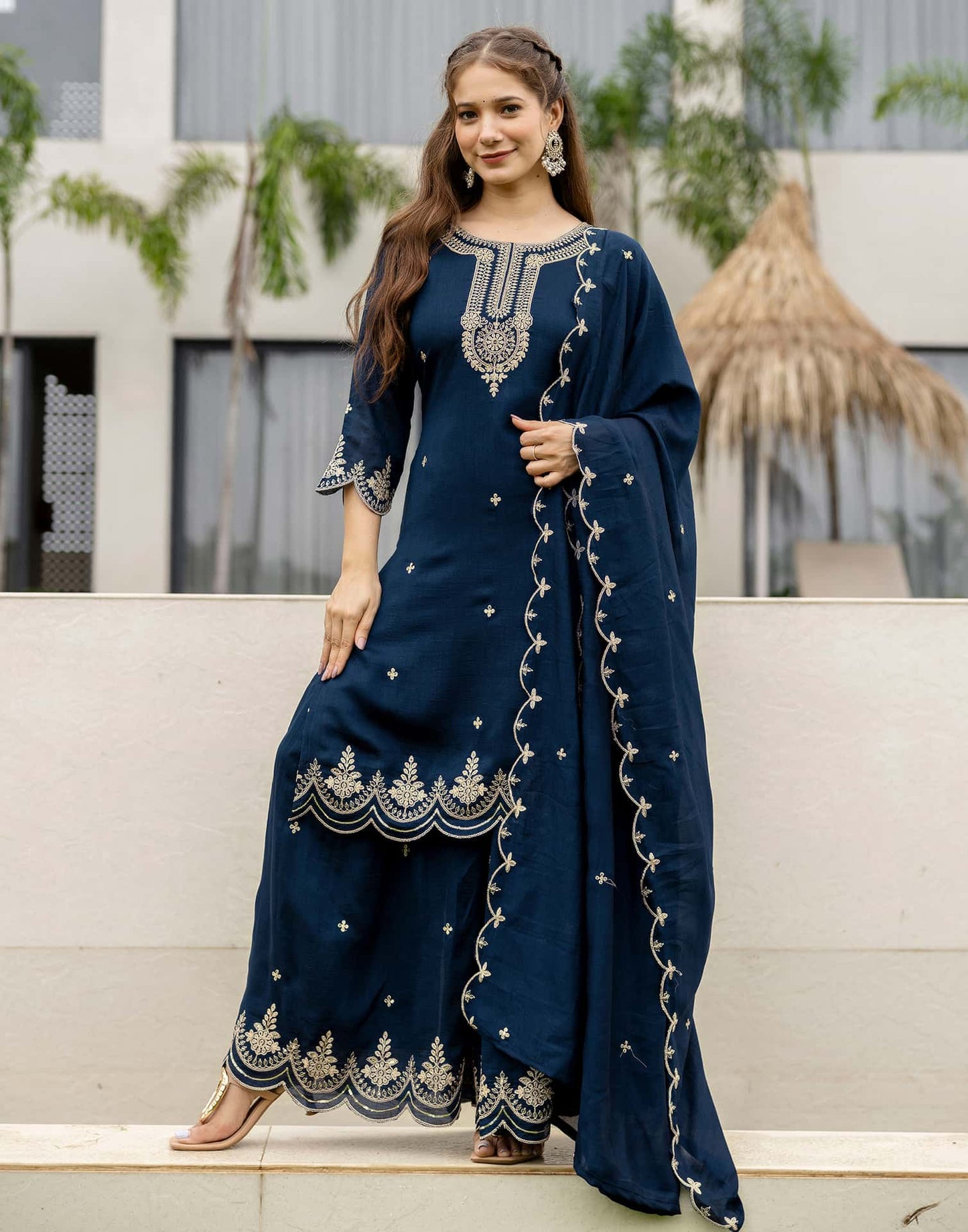 Silk Embroidered Straight Kurta with Pant & Dupatta