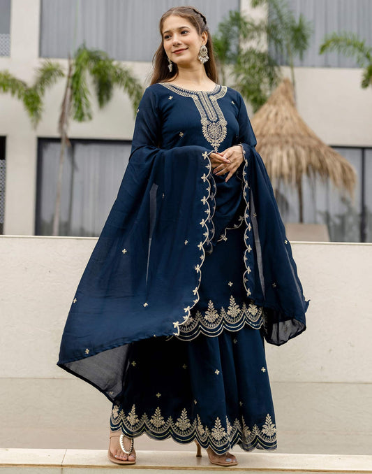 Silk Embroidered Straight Kurta with Pant & Dupatta