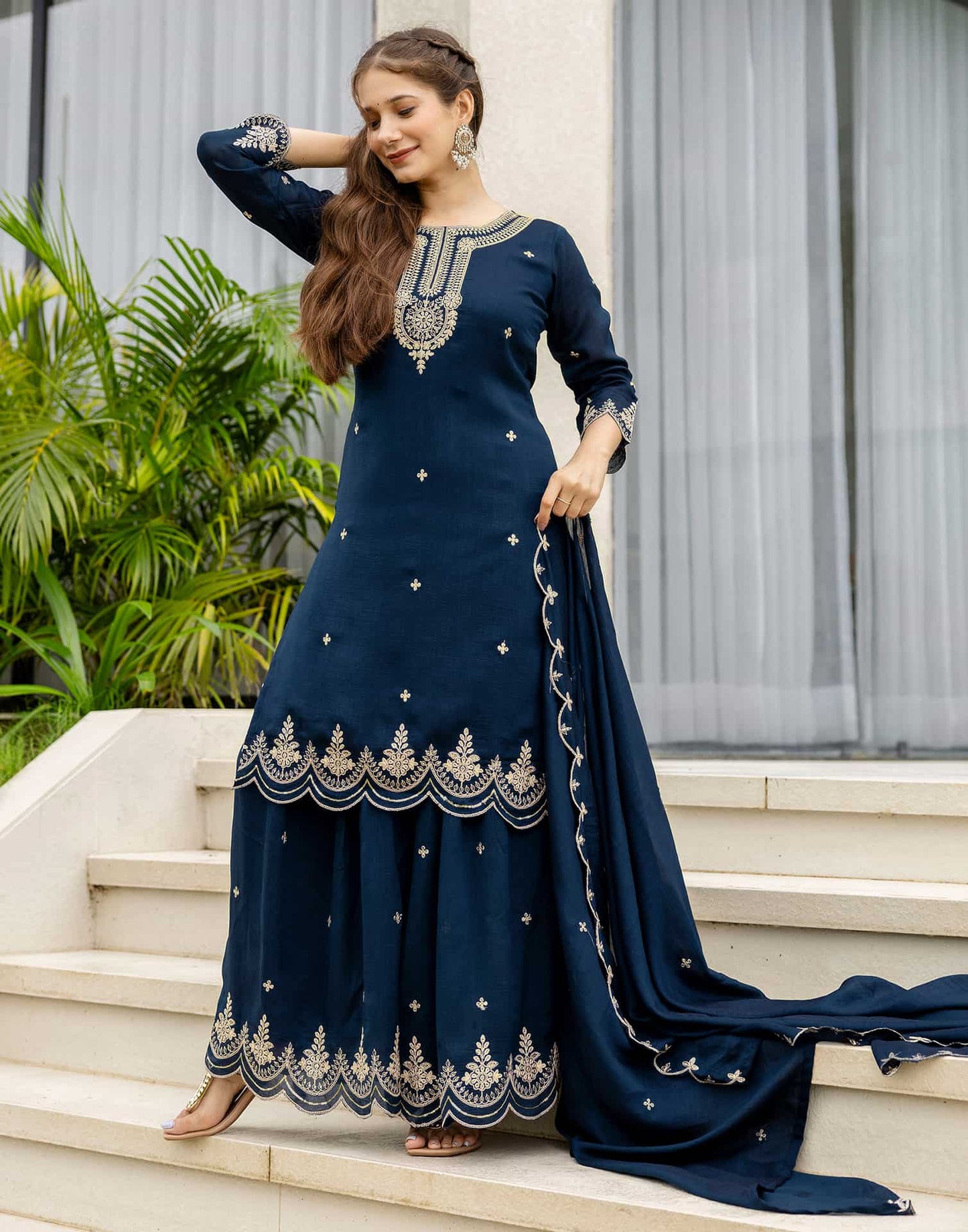 Silk Embroidered Straight Kurta with Pant & Dupatta