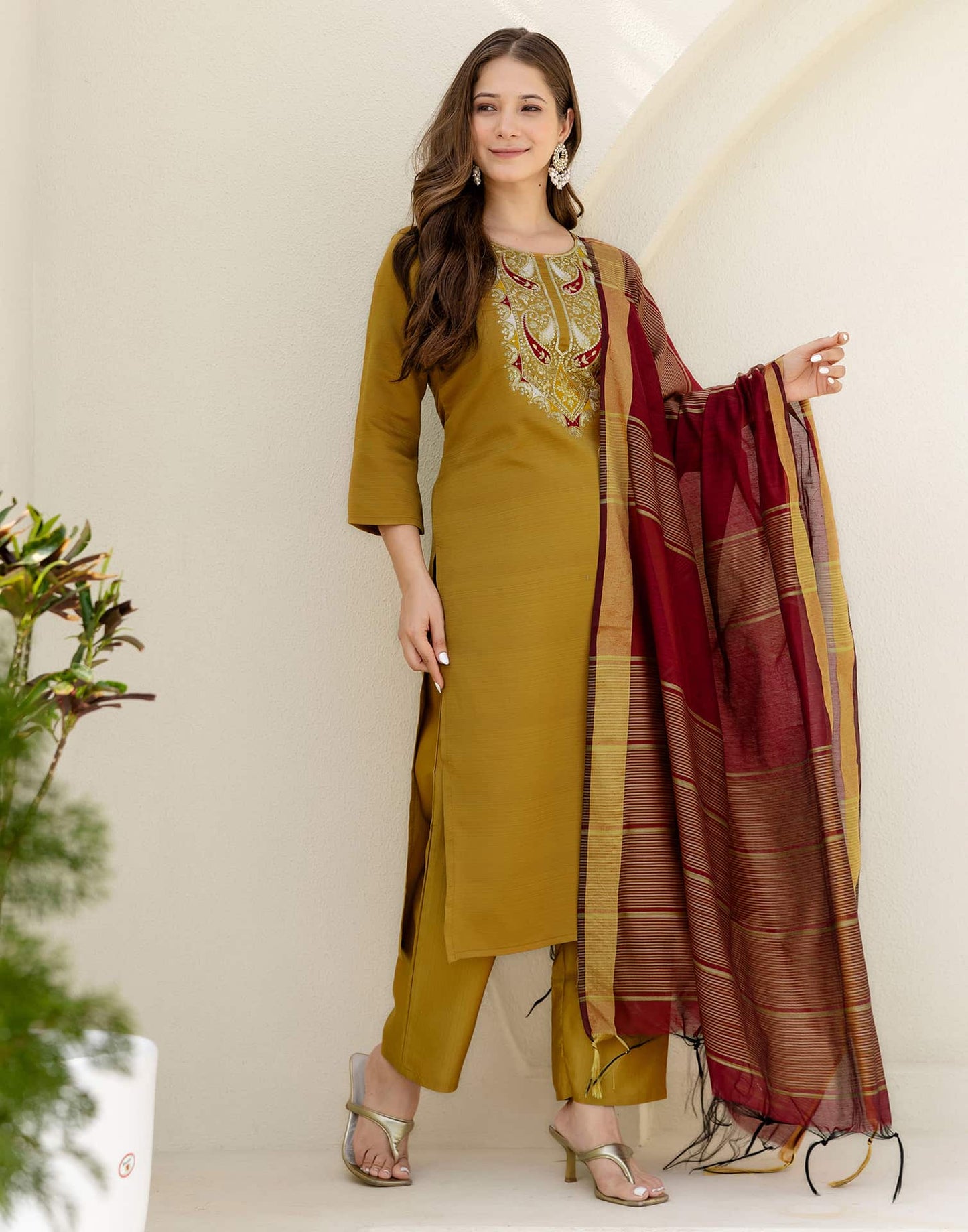 Silk Embroidered Straight Kurta with Pant & Dupatta