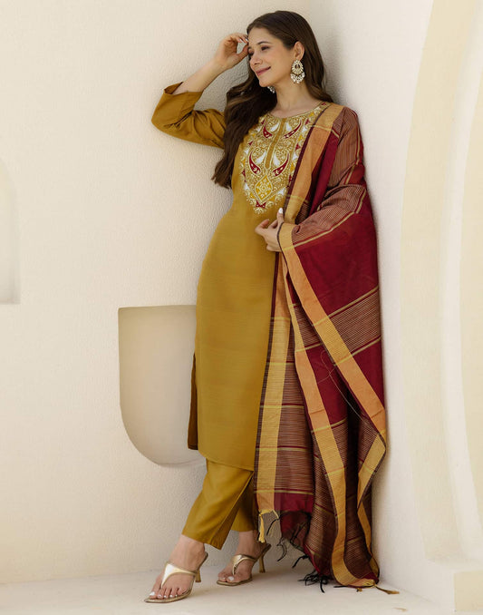Affordable Yellow Silk Embroidered Straight Kurta Set under 999