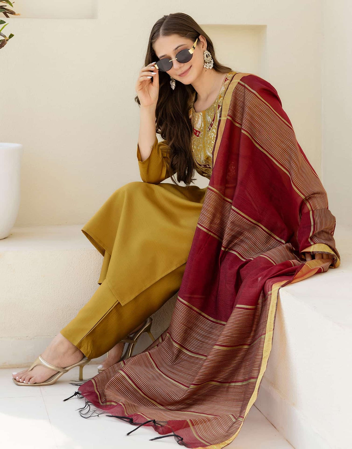 Silk Embroidered Straight Kurta with Pant & Dupatta