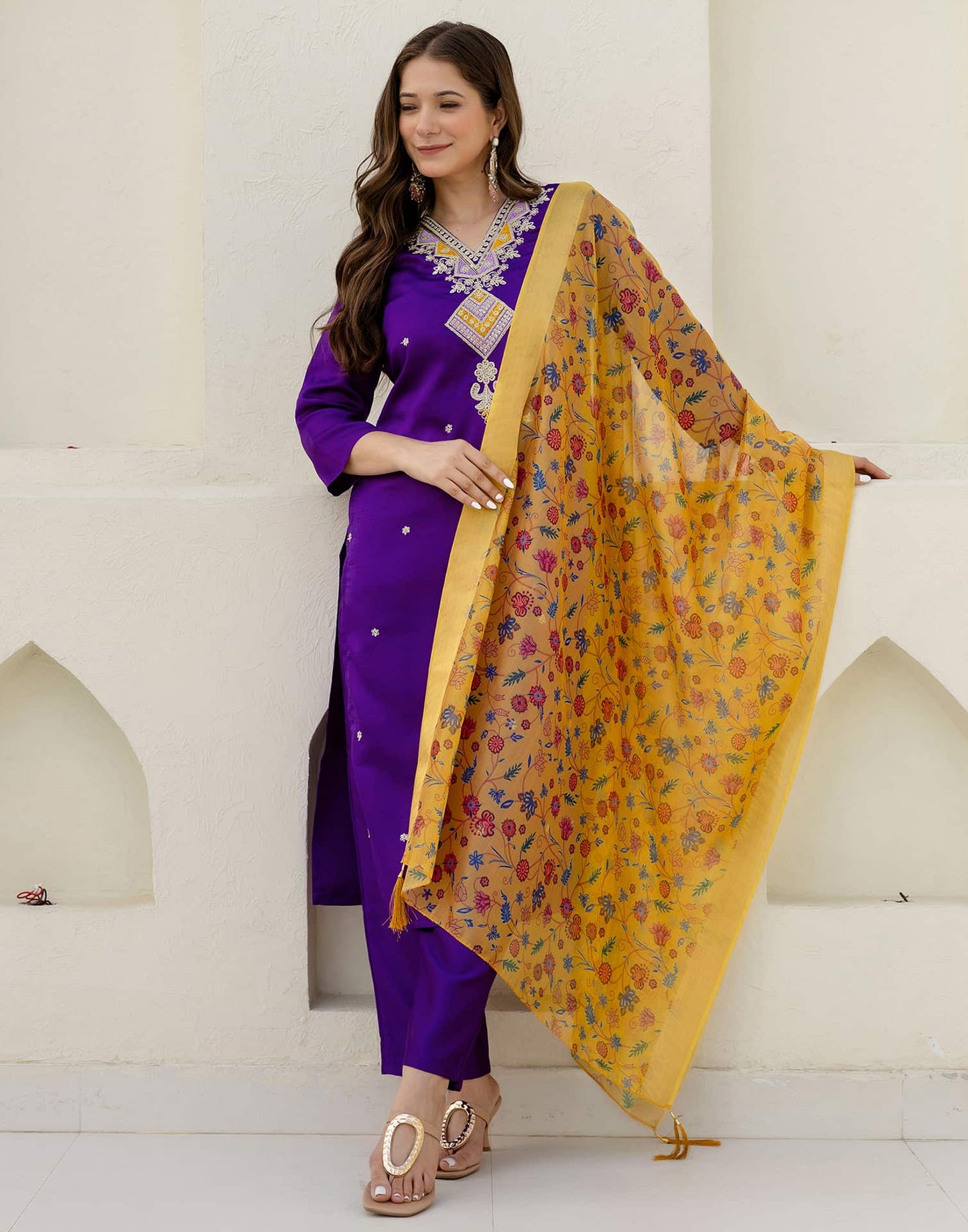 Silk Embroidered Straight Kurta with Pant & Dupatta