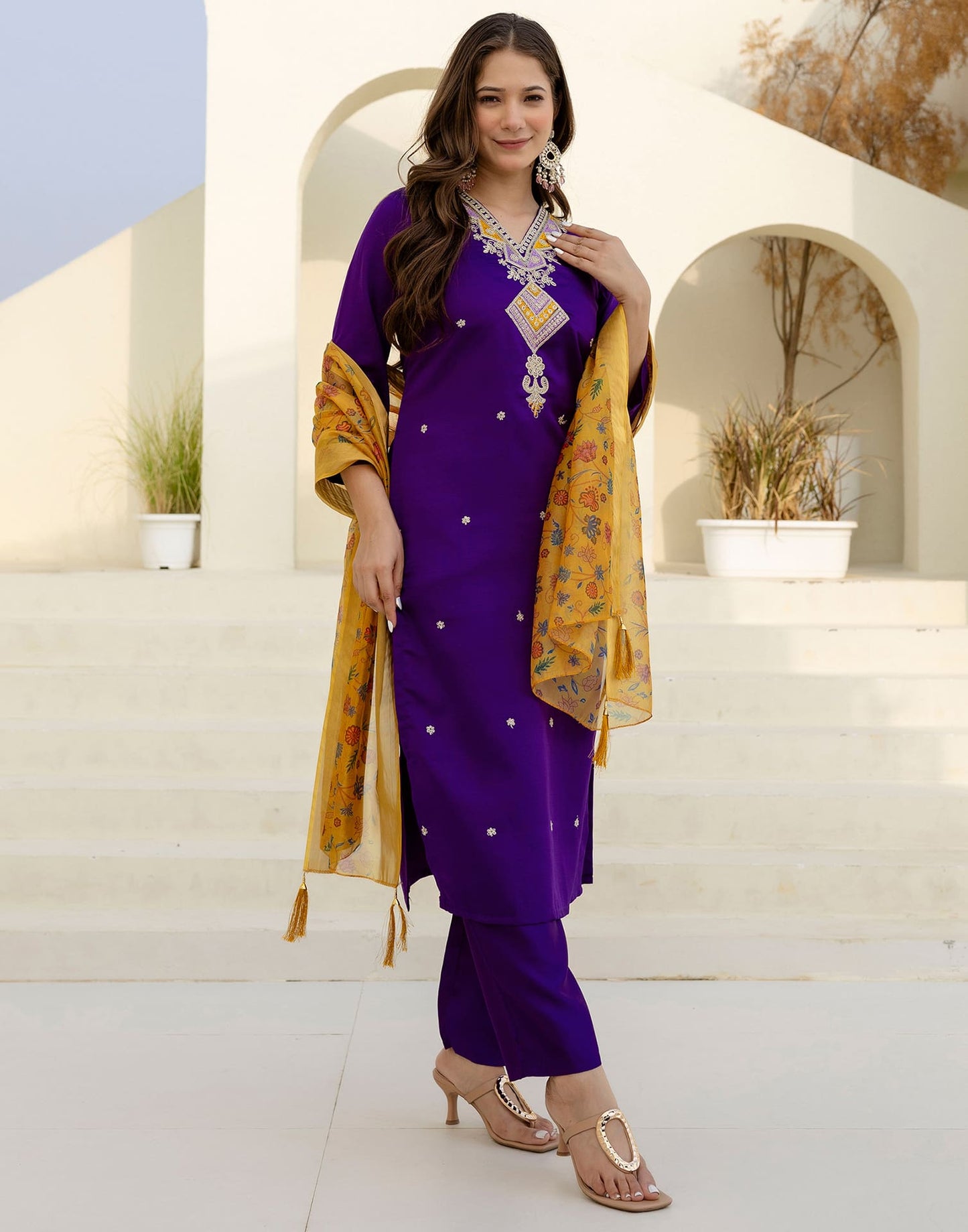 Silk Embroidered Straight Kurta with Pant & Dupatta