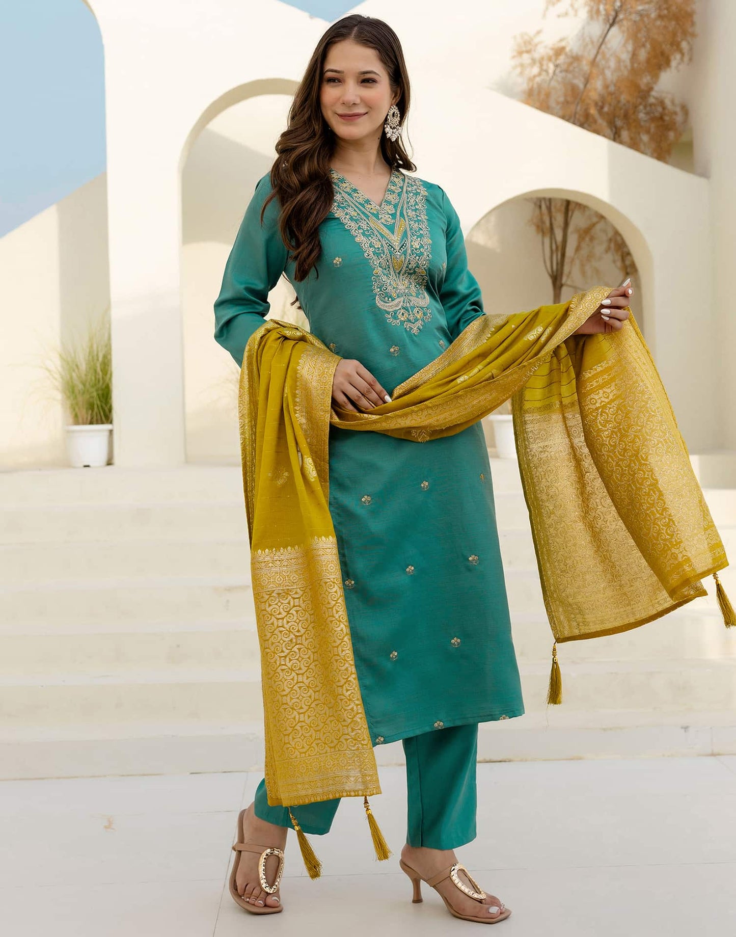 Silk Embroidered Straight Kurta with Pant & Dupatta
