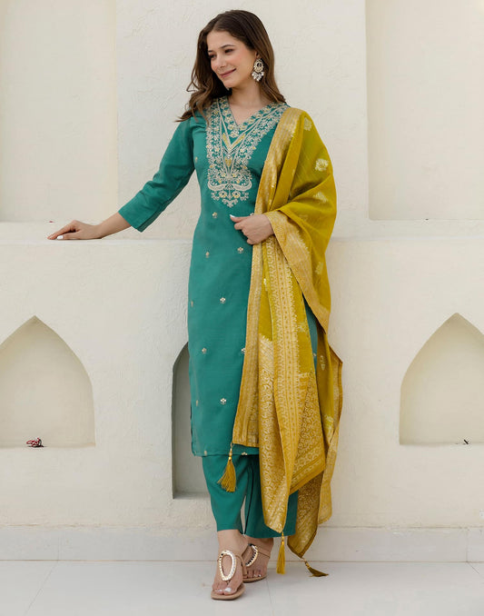 Affordable Green Silk Embroidered Straight Kurta Set V-Neck Silk Kurti with Pant & Dupatta