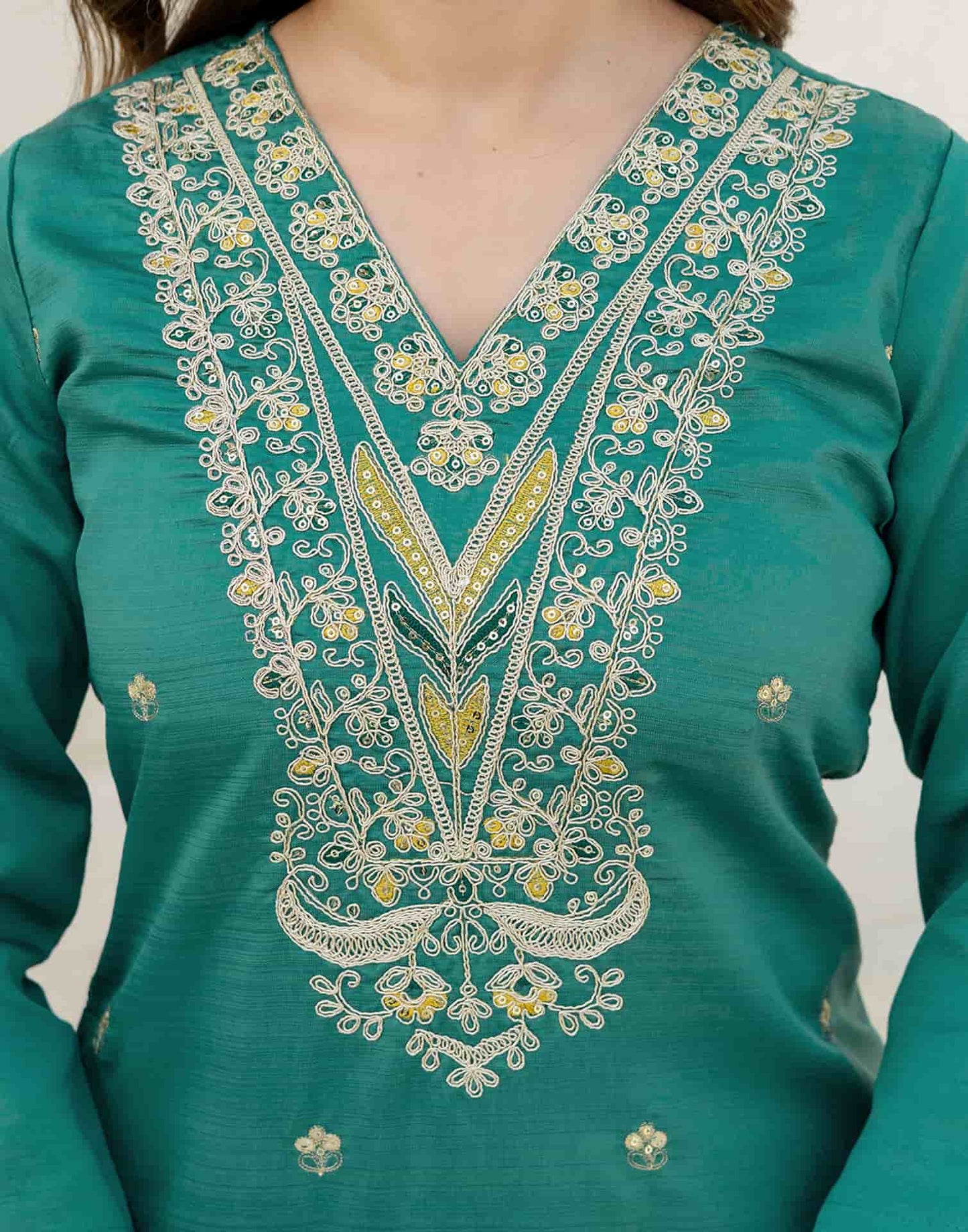 Silk Embroidered Straight Kurta with Pant & Dupatta