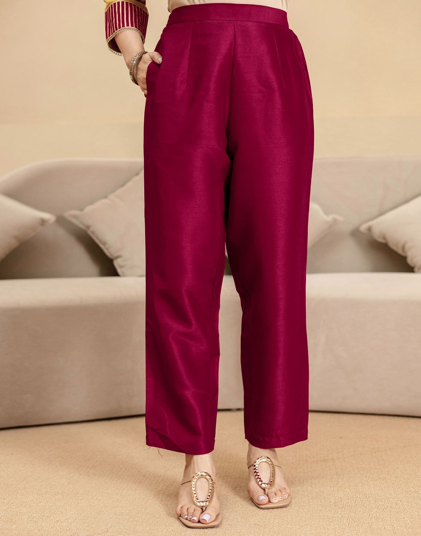 Silk Straight Embroidery V-Neck Kurta with Pant & Dupatta