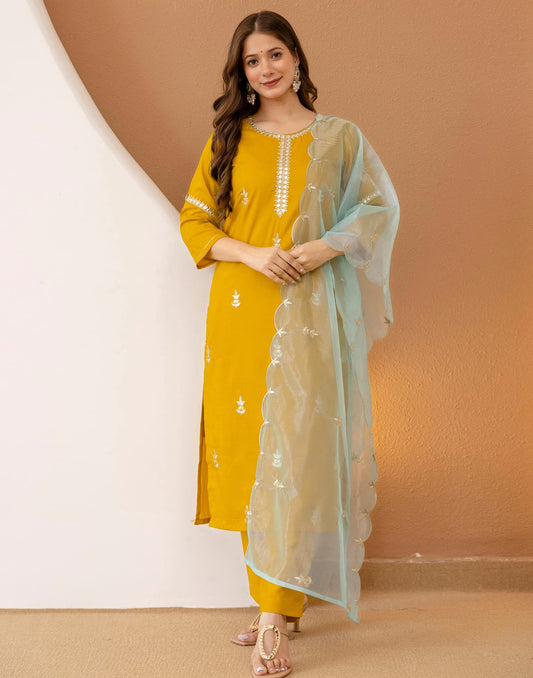 Affordable Yellow Cotton Embroidered Straight Kurta Set Round Neck Cotton Kurti with Pant & Dupatta