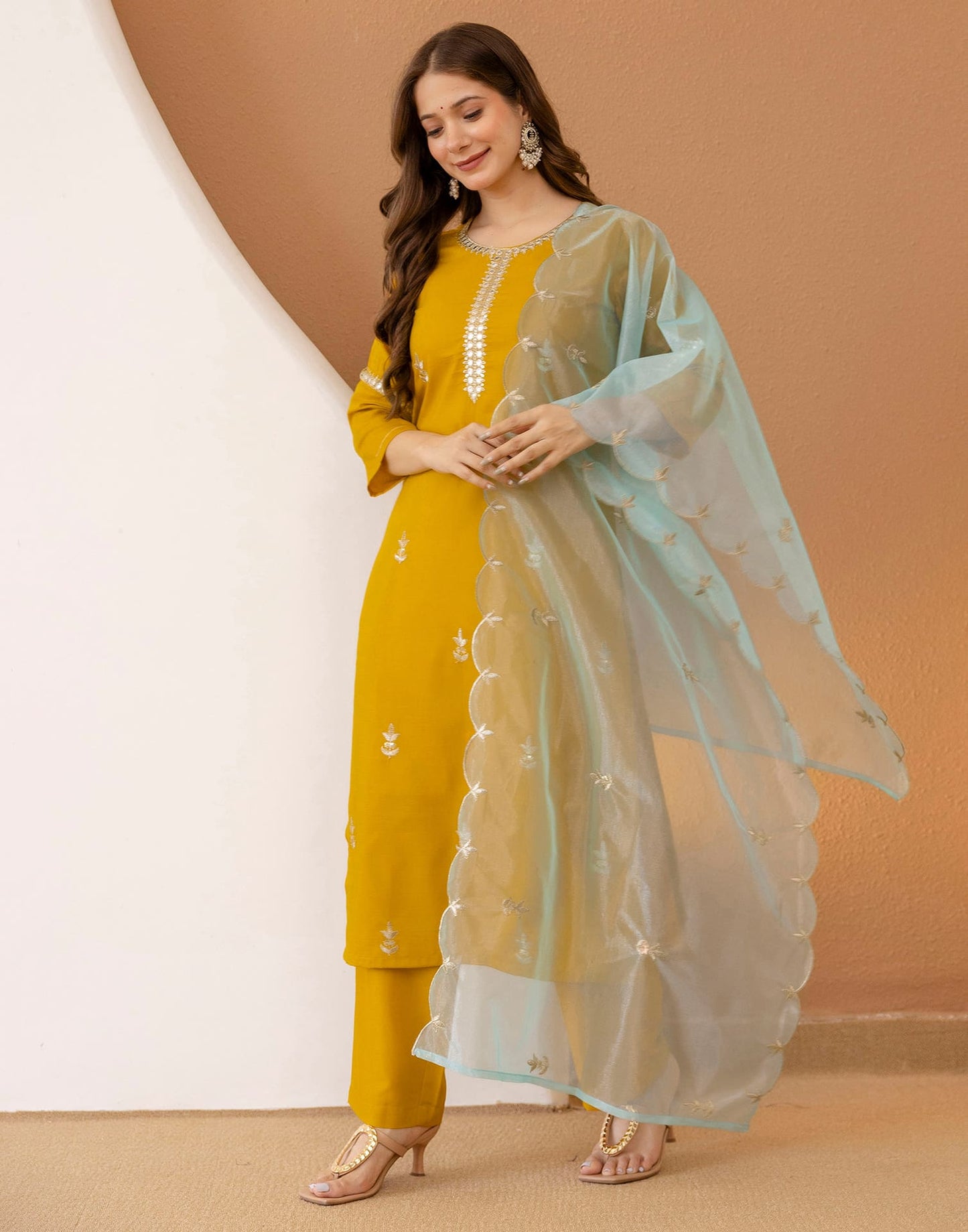 Cotton Embroidered Straight Kurta with Pant & Dupatta