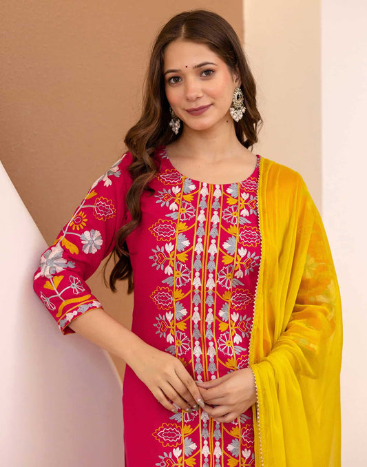Cotton Blend Embroidered Straight Kurta with Pant & Dupatta