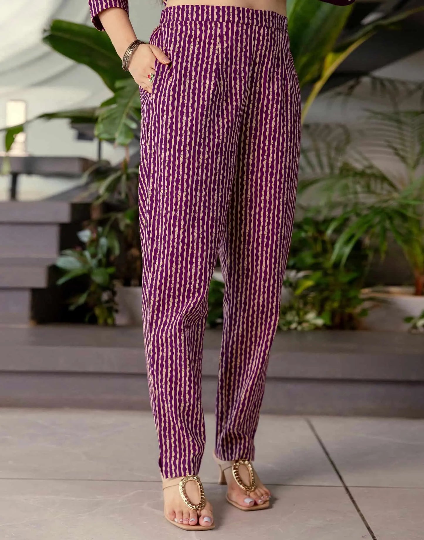 Affordable Purple Cotton Printed Straight Kurta Set with Pant & Dupatta