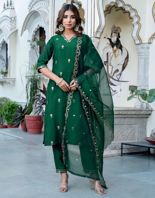 Silk Blend Embroidered Straight Kurta with Pant & Dupatta