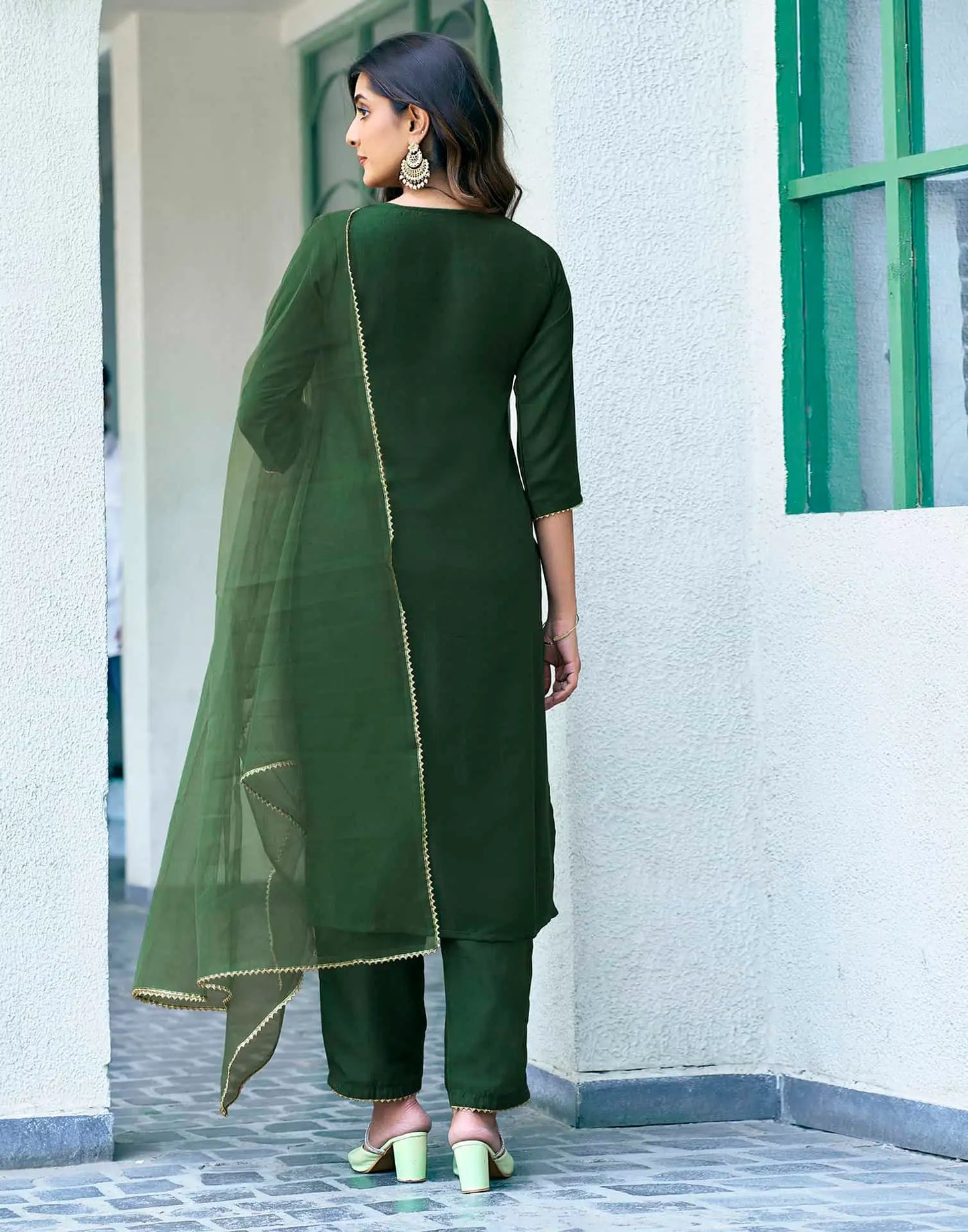 Silk Blend Dyed, Sequence Embroidery Work and Gota Lace Straight Kurta with Pant & Dupatta