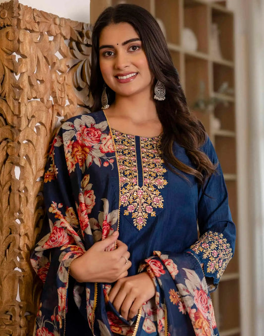 Silk Blend Embroidery, Sequence Work and lace Straight Kurta with Pant & Dupatta