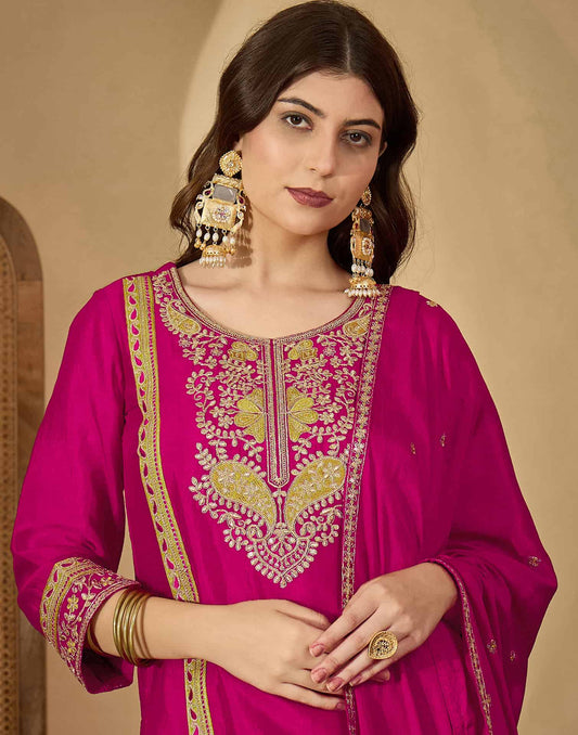 Silk Embroidered Straight Kurta with Pant & Dupatta