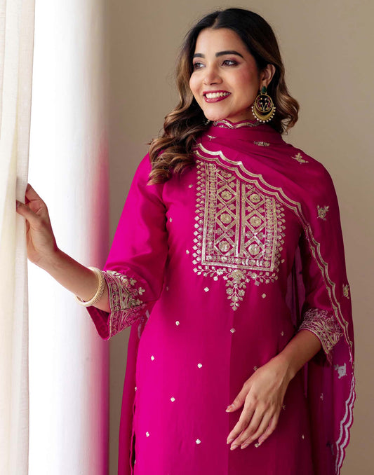 Affordable Pink Silk Embroidered Straight Kurta Set Round Neck Silk Embroidery Work Kurti with Patiala & Dupatta