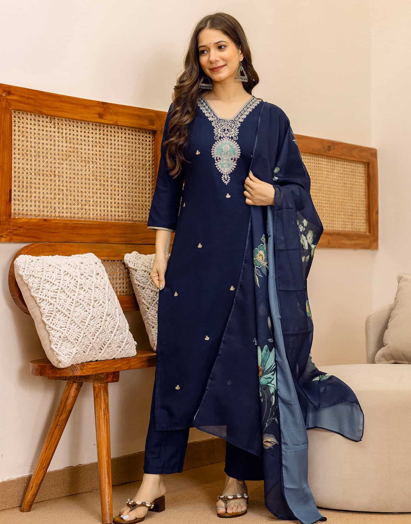 Rayon Embroidered Straight Kurta with Pant & Dupatta