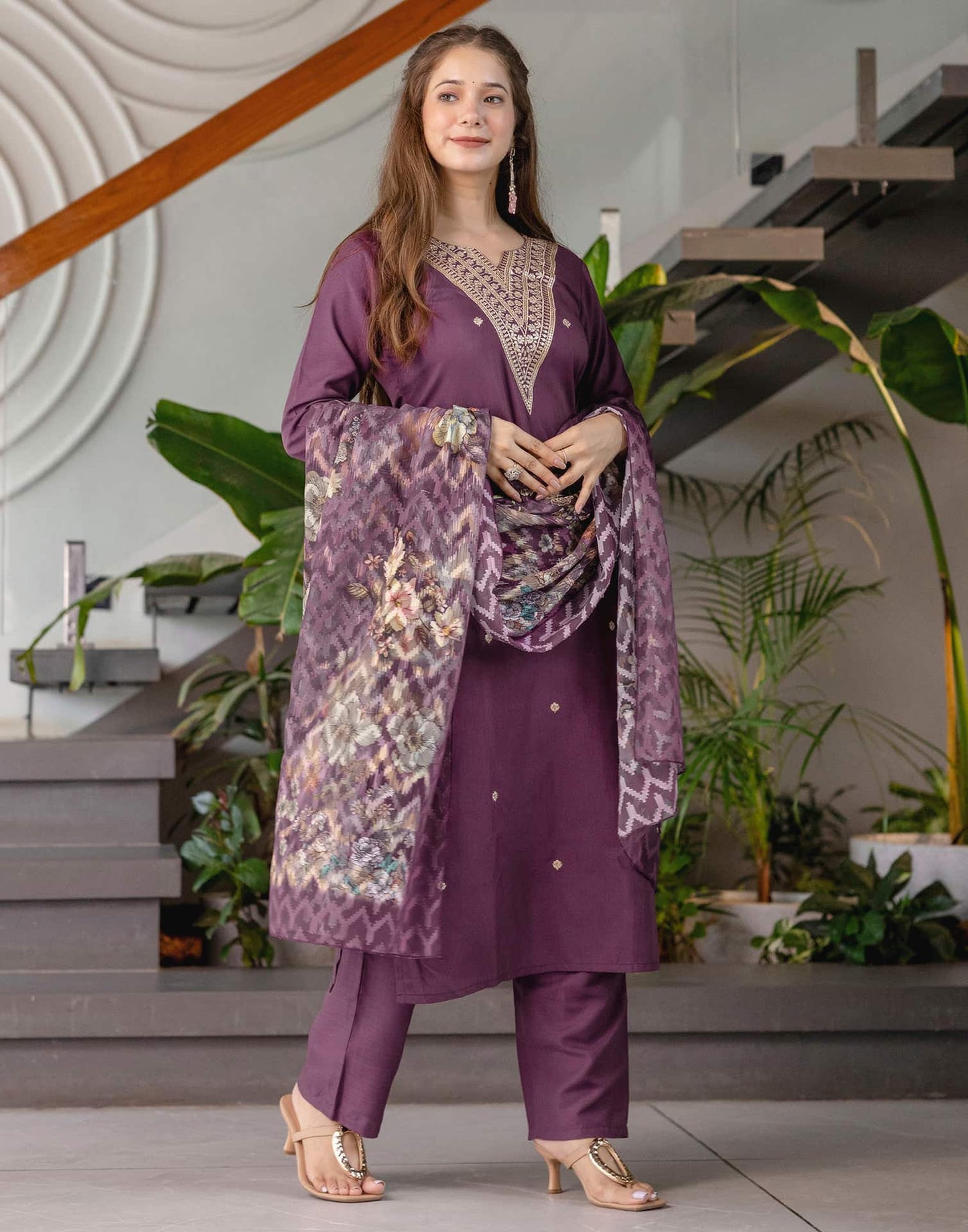 Cotton Blend Embroidered Straight Kurta with Pant & Dupatta