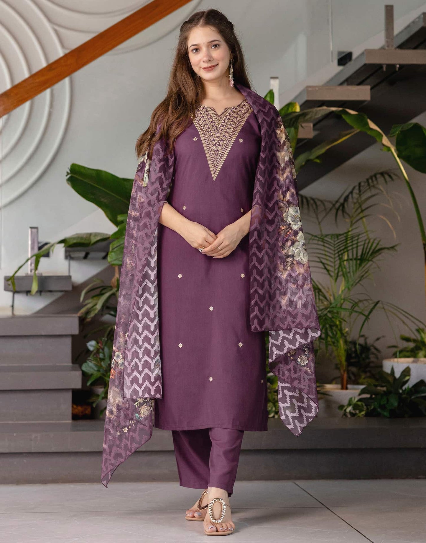 Cotton Blend Embroidered Straight Kurta with Pant & Dupatta