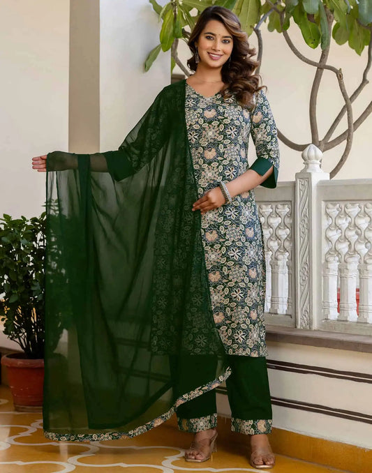 Crepe Floral Printed Straight Kurta with Pant & Dupatta