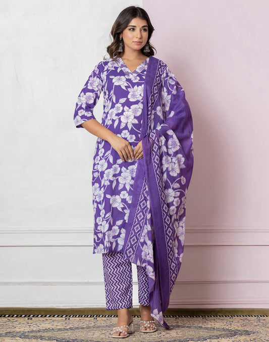 Affordable Purple Cotton Printed Straight Kurta Set under 799