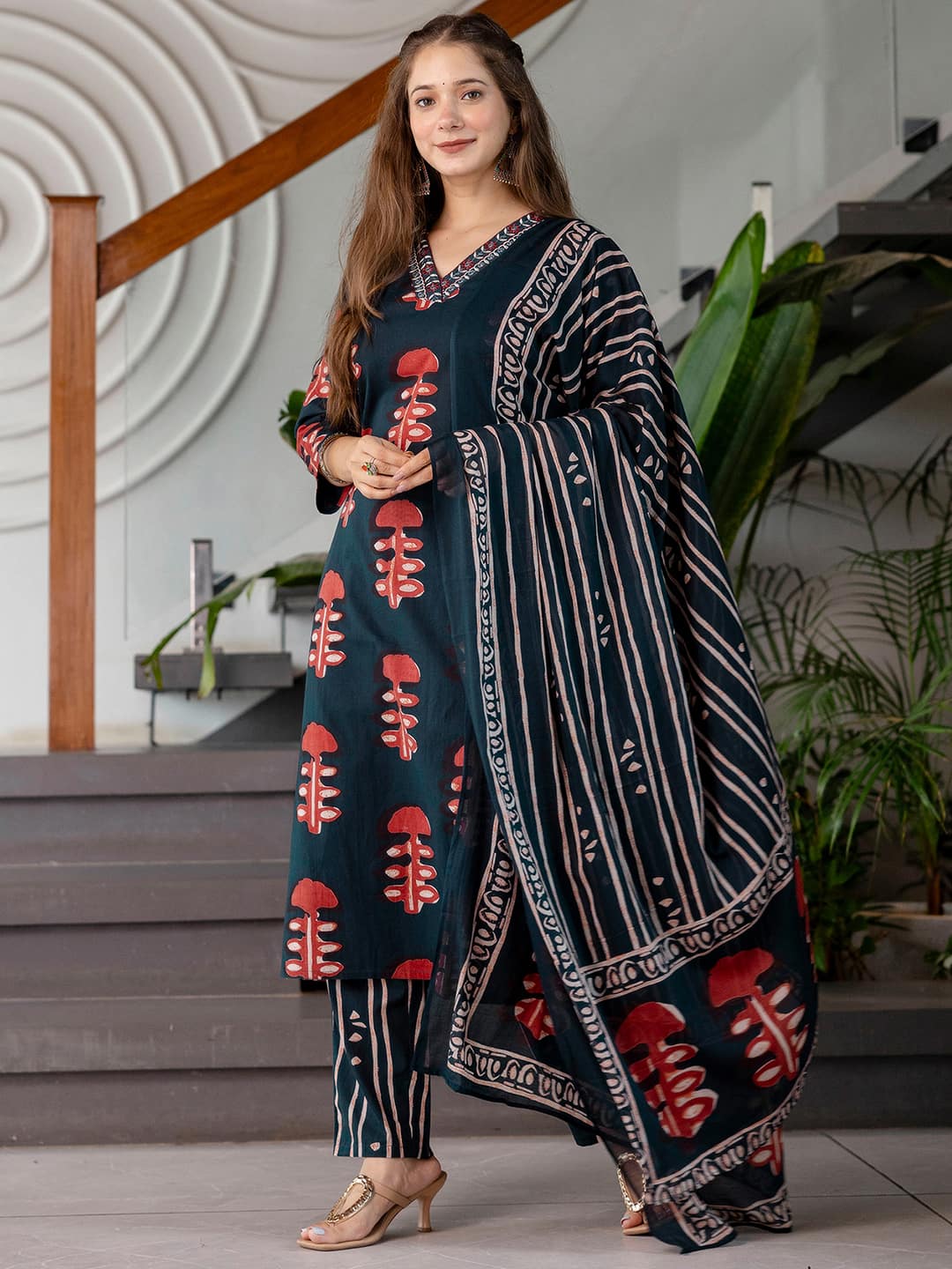 Cotton Printed Straight Kurta with Pant & Dupatta