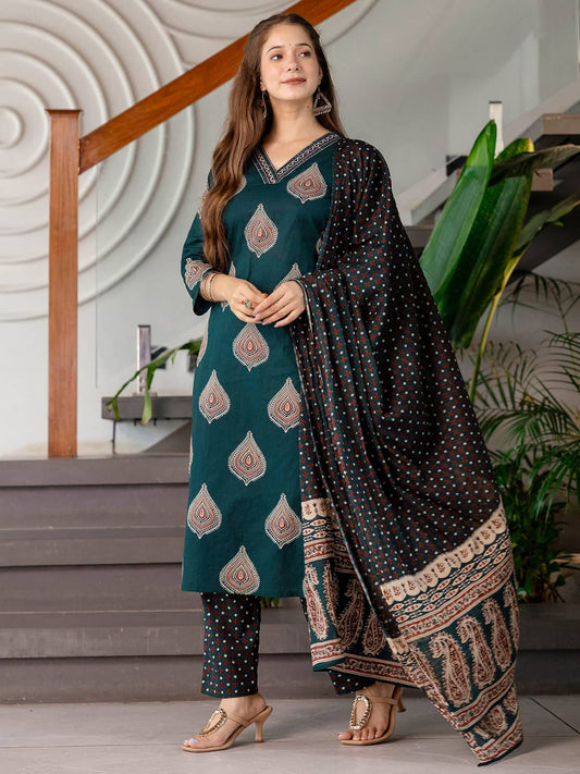 Affordable Cotton Printed V-Neck Kurta Set with Pant & Dupatta for Women under 999