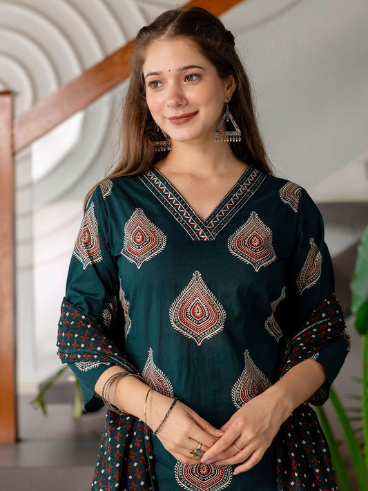 Affordable Cotton Printed V-Neck Kurta Set with Pant & Dupatta for Women under 999