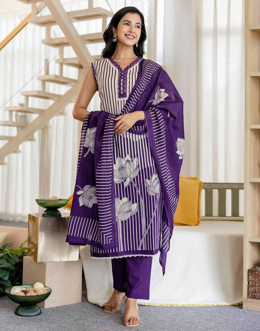 Affordable Cotton Printed V-Neck Kurta Set with Pant & Dupatta for Women under 999