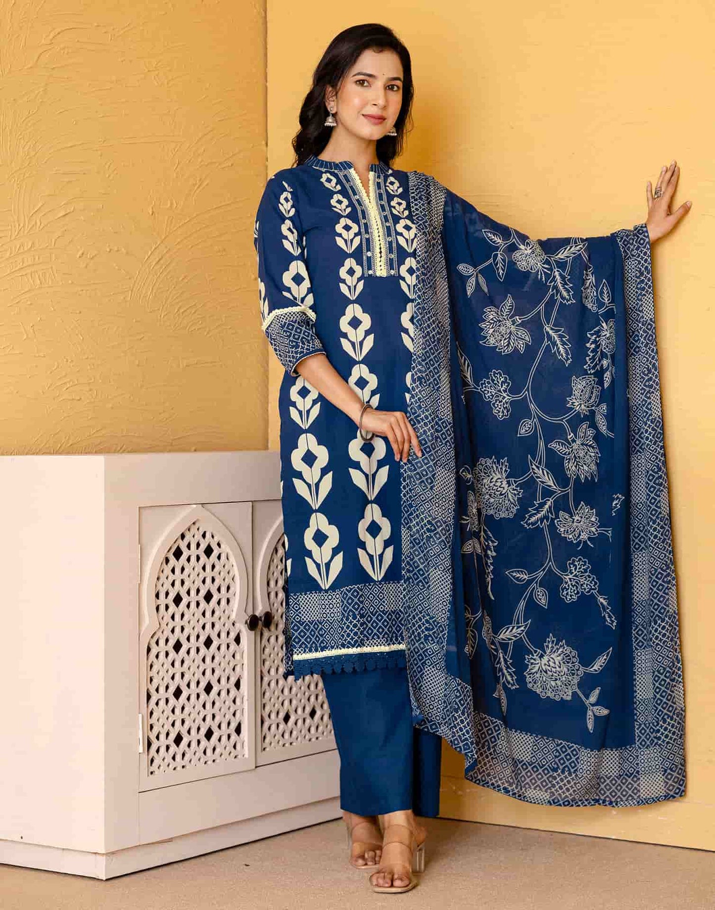 Cotton Printed Straight Kurta with Pant & Dupatta