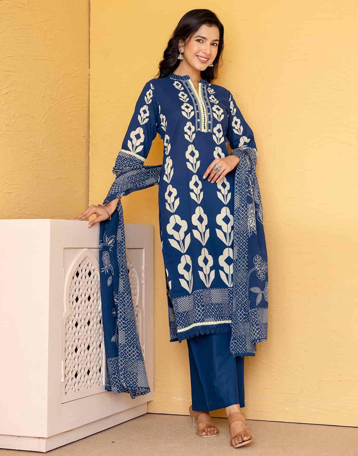 Cotton Printed Straight Kurta with Pant & Dupatta