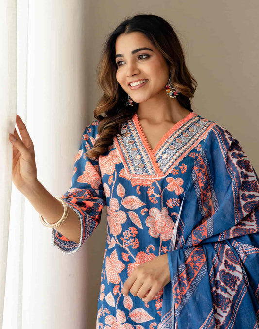 Affordable Blue Cotton Printed Straight Kurta Set with Patiala & Dupatta under 999