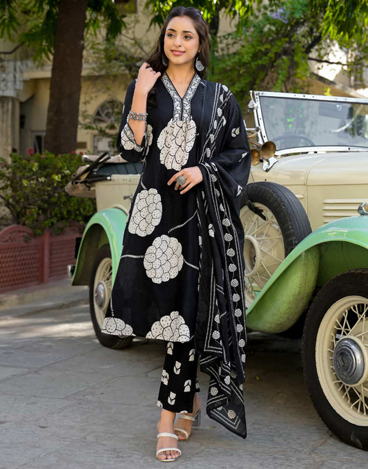 Affordable Black Cotton Printed A-Line Kurta Set with Pant & Dupatta 799