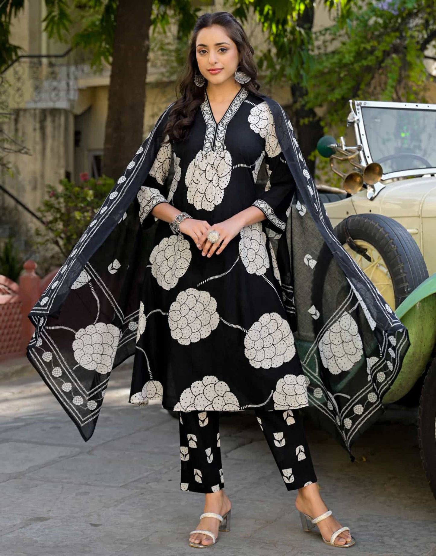 Affordable Black Cotton Printed A-Line Kurta Set with Pant & Dupatta 799