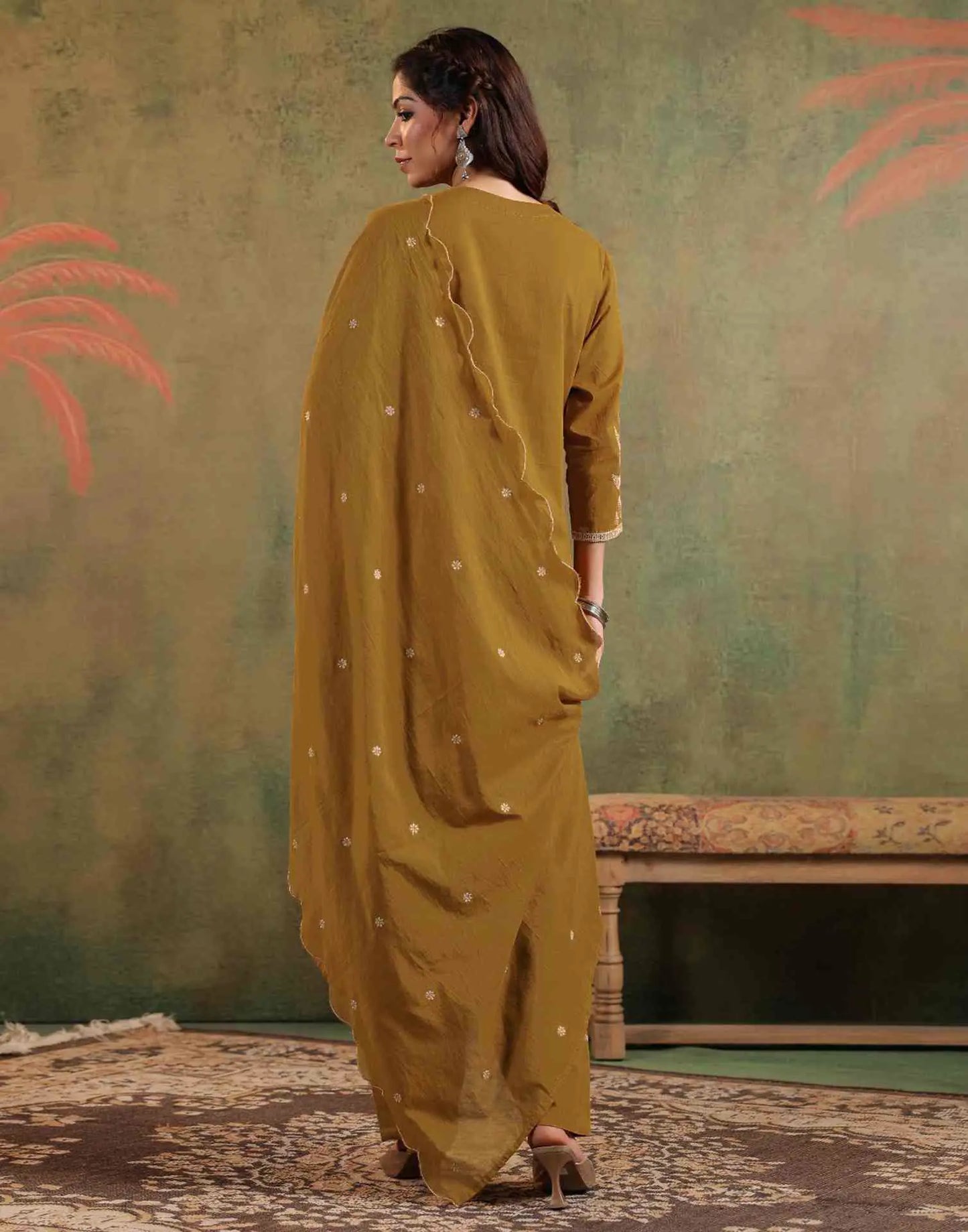 Cotton Embroidered Straight Round Neck Kurta with Pant & Dupatta