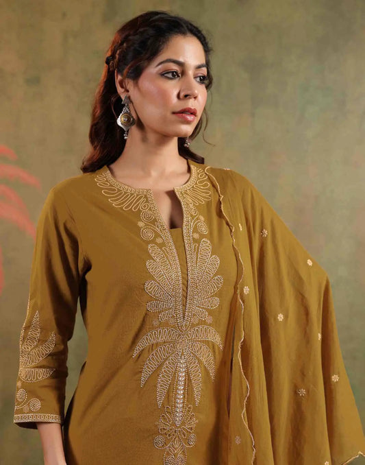 Cotton Embroidered Straight Round Neck Kurta with Pant & Dupatta