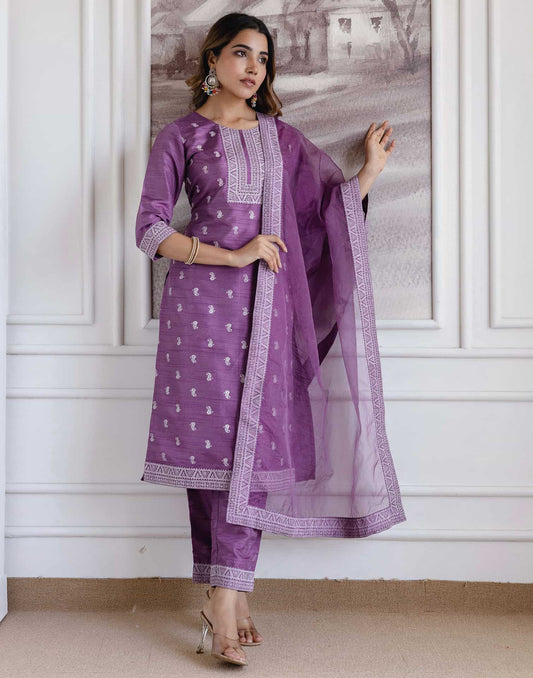 Silk Blend Printed Straight Kurta with Pant & Dupatta