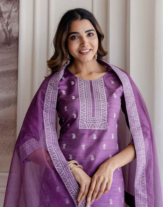 Silk Blend Printed Straight Kurta with Pant & Dupatta