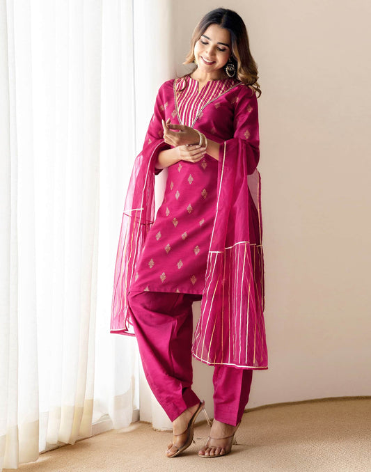 Silk Blend Straight Printed V-Neck Kurta with Pant & Dupatta