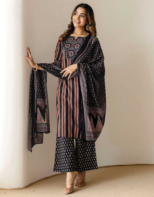Affordable Black Cotton Printed Straight Kurta Set with Palazzo & Dupatta under 999