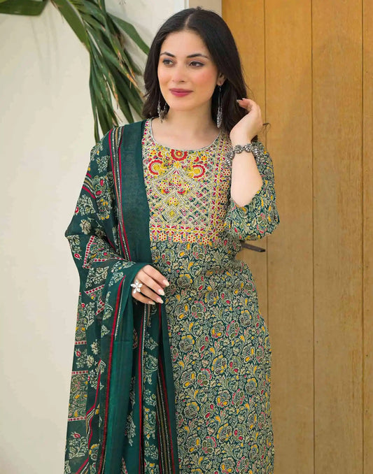 Dark Green Cotton Printed Straight Kurta Set with Pant & Dupatta under 999
