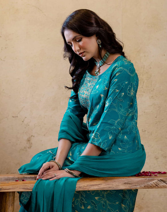 Affordable Blue Cotton Printed Straight Kurta Set with Pant & Dupatta under 999