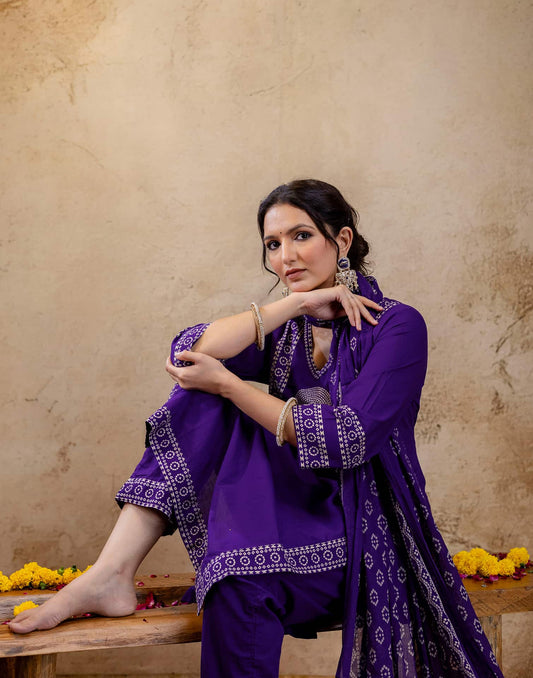 Affordable Purple Cotton Printed Straight Kurta Set Bandhani Print