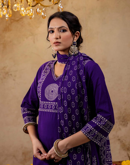 Affordable Purple Cotton Printed Straight Kurta Set Bandhani Print