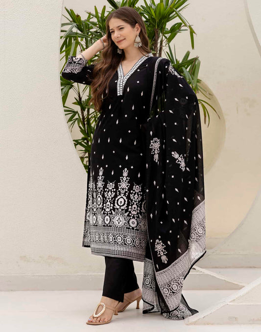 Cotton Straight Embroidery V-Neck Kurta with Pant & Dupatta