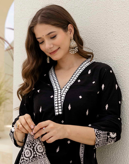 Cotton Straight Embroidery V-Neck Kurta with Pant & Dupatta