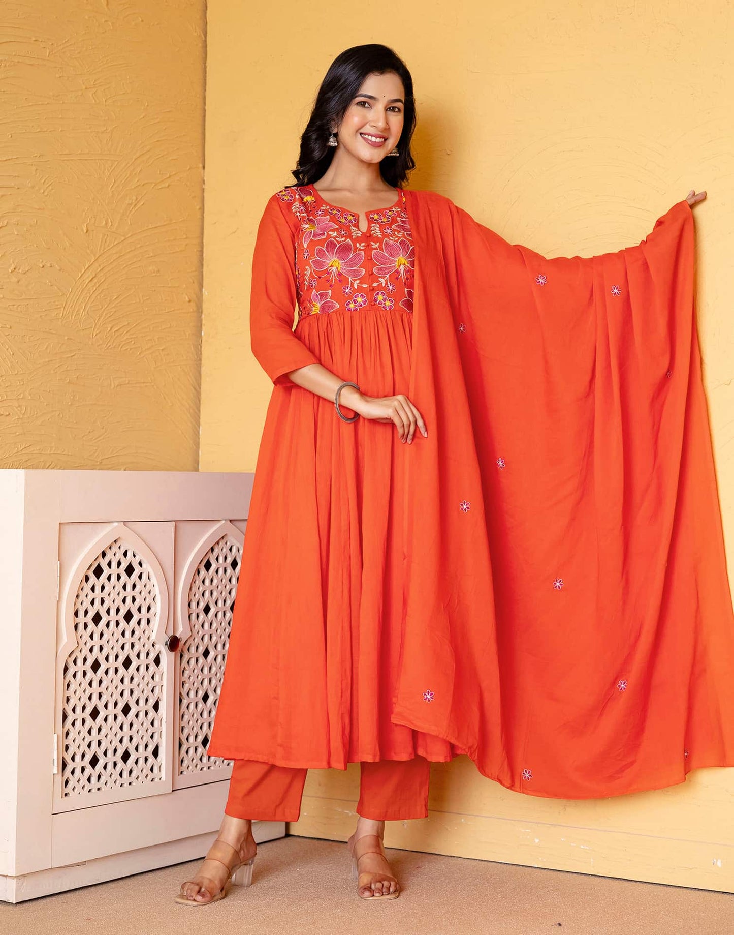 Cotton Embroidered Anarkali Kurta with Pant & Dupatta