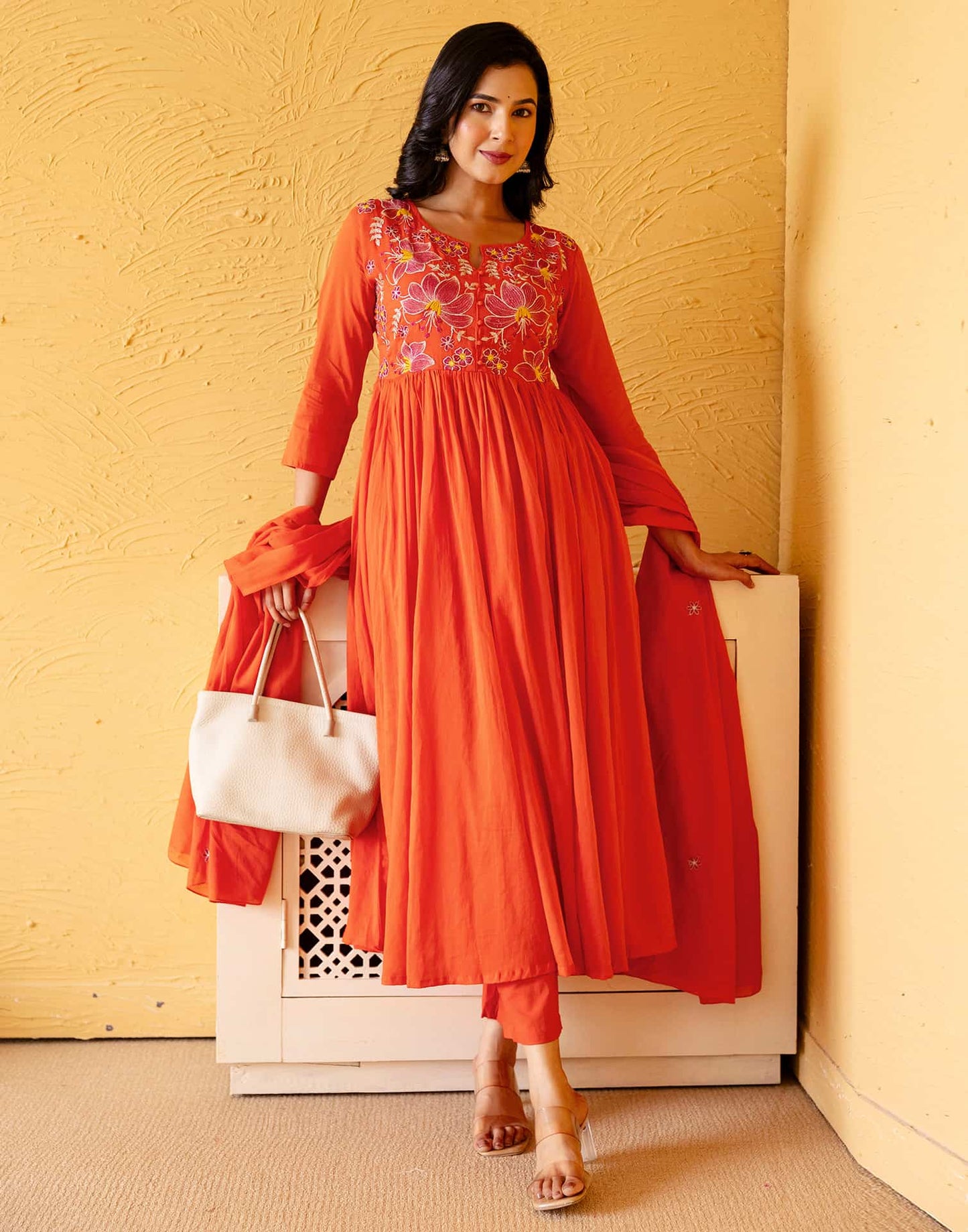 Cotton Embroidered Anarkali Kurta with Pant & Dupatta